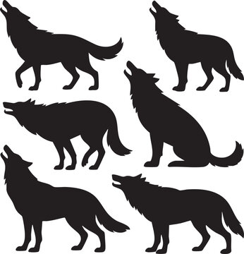 Black silhouette collection of howling wolves in various poses