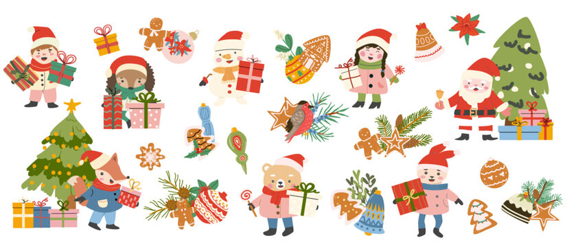 Cute christmas characters childen, animals, santa. Festive elements for christmas stickers. Flat vector illustration with chrismas tree, present boxes and candy canes. Kids and chrismas animals