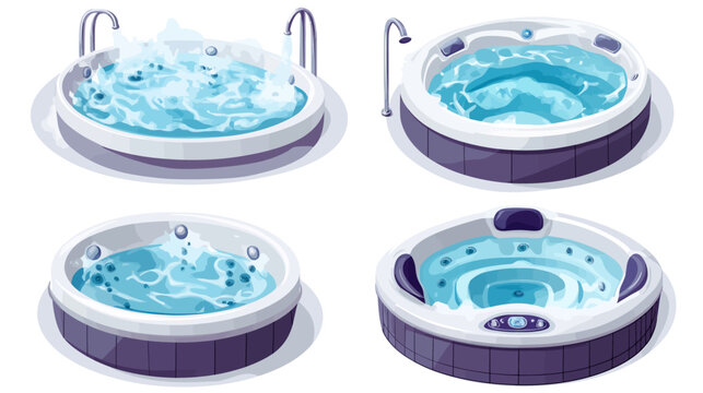 Four isometric illustrations of round hot tubs with various water and bubble effects