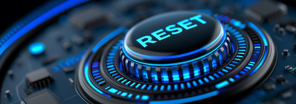 blue glowing reset button on metallic background, neon power reset switch technology concept, futuristic blue reboot button