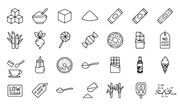 Sugar and sweeteners collection a comprehensive set of line icons representing various forms of sweetness