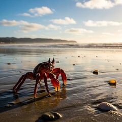 Fototapeta premium Crab on wet sandy beach.