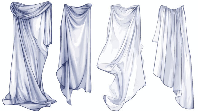 Artistic depiction of four draped white fabrics. Each shows folds, soft shadows, and gentle curves