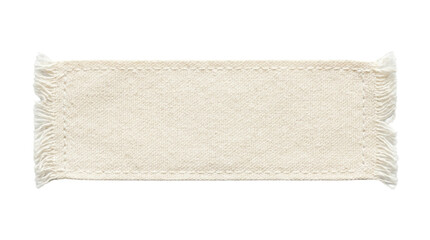 Cream woven fabric strip top view isolated. Frayed edge textile sample.