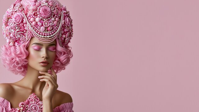 Eine Frau mit rosafarbener Per&uuml;cke und aufwendigem Kopfschmuck aus S&uuml;&szlig;igkeiten und Rosen posiert vor rosa Hintergrund.