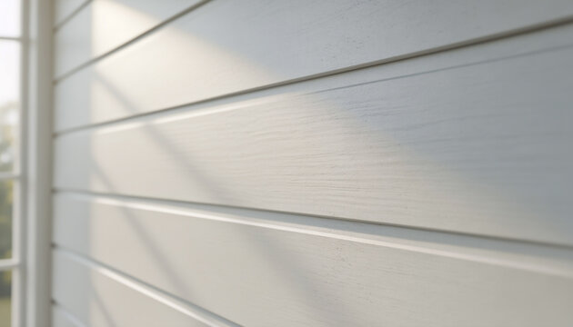 Close up view of horizontal white wooden siding on a residential house exterior with soft sunlight and shadows creating a clean minimalist architectural background for home design