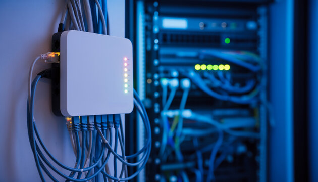 High performance network switch with multiple ethernet cables connected in a modern data center server room representing high speed fiber optic internet and big data cloud computing