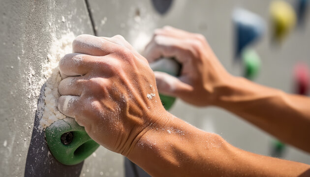 Close up of athletic hands covered in white chalk powder gripping a green rock hold on an indoor climbing wall representing strength determination and extreme sports training concept