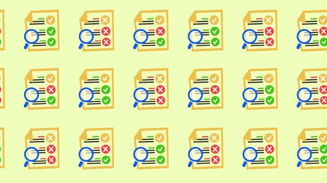 Seamless pattern of audit document with magnifying glass icons in a background animation. Business evaluation and checklist wallpaper in flat design style. Data validation and quality control banner.