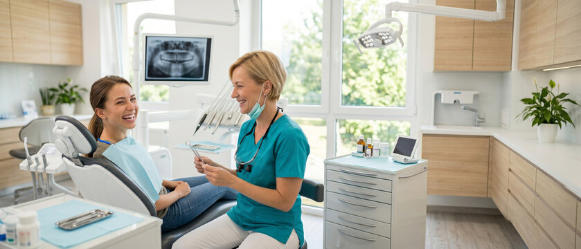 Happy young woman smiling in a modern dental clinic with a friendly female dentist.