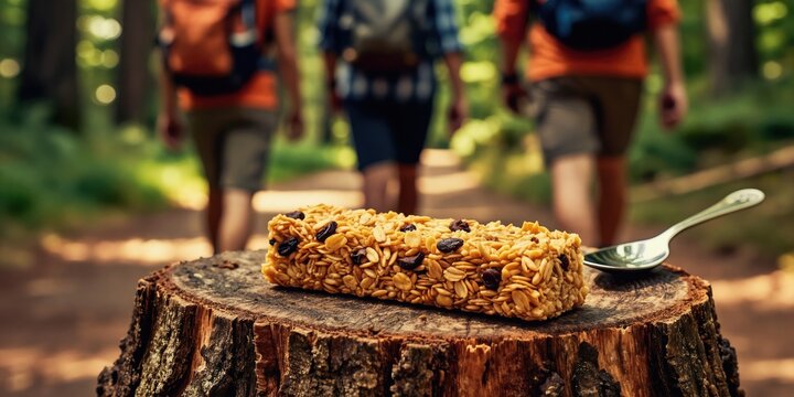 Hikers walk on forest path near tree stump with granola bar snack and spoon. Healthy food for outdoor adventures, energy boost for trekking and travel.