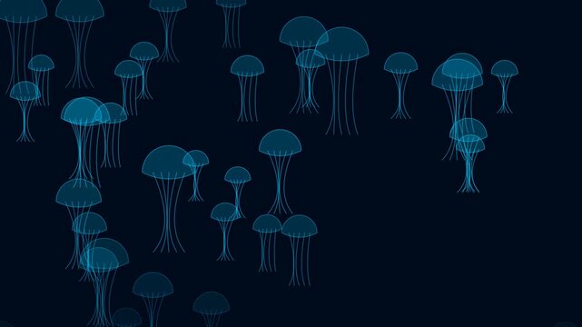 This animation features a deep blue background with a swarm of glowing blue jellyfish, gently drifting and pulsing with light.