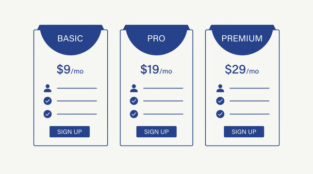 Three different pricing plans for a service basic pro premium.