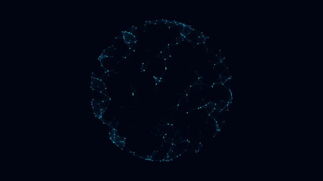 This abstract animation shows a glowing blue digital network sphere forming and rotating against a dark background.
