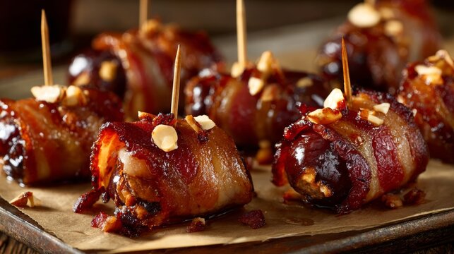 Close-up of bacon-wrapped, stuffed dates with almonds. Toothpicks secure them on parchment. Shallow depth of field