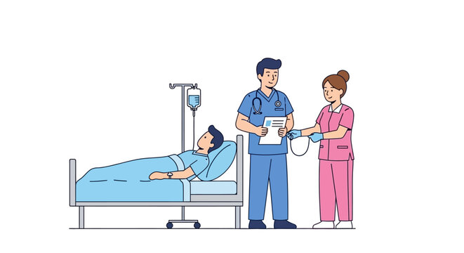 Medical Care: Nurse and Doctor Attending Patient in Hospital Bed with IV Drip