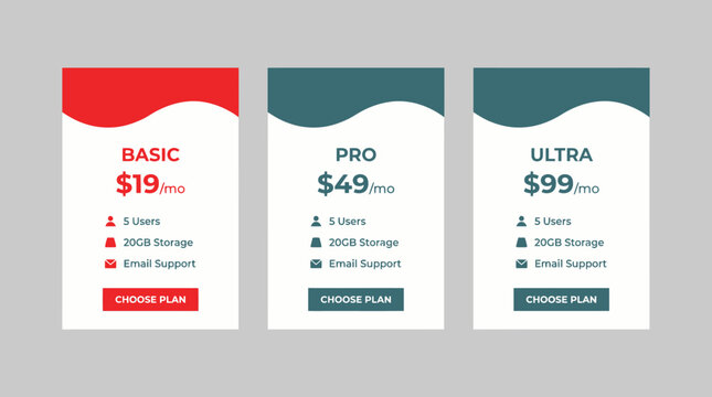 Three pricing plan cards for web services basic pro ultra.