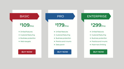 Obraz premium Three pricing plans comparison table for business services.