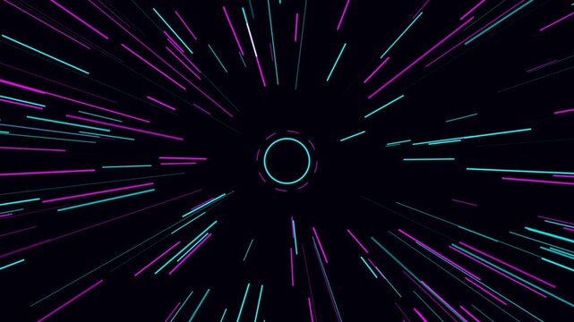 Abstract motion background with neon lines in purple and cyan bursting from a central glowing circle on a black void.