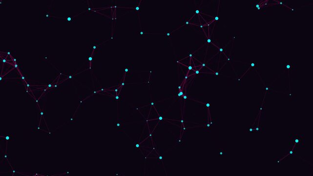 Abstract interconnected network animation features glowing blue nodes connected by thin magenta lines, creating a dynamic and futuristic digital display.