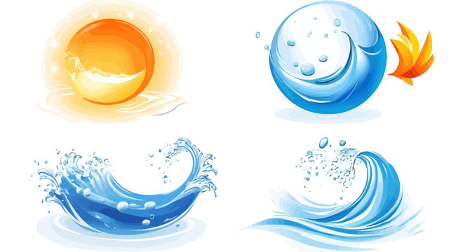 Four graphic icons featuring stylized depictions of the sun, water spheres, waves, and a stylized flame