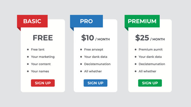 Three pricing plans comparison table with basic pro and premium options.