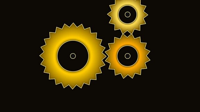 Animated golden gears interlock and rotate against a stark black background, creating a dynamic loop.