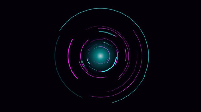 This animated motion background features swirling, colorful arcs and lines creating a circular vortex effect with a bright, glowing center.