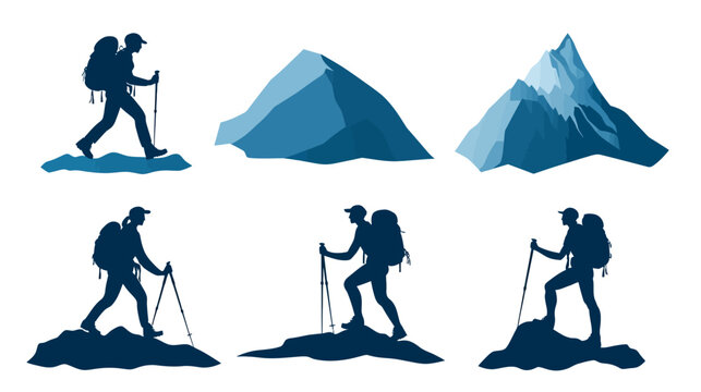 Silhouetted hikers and mountains in various designs, evoking a sense of adventure and nature