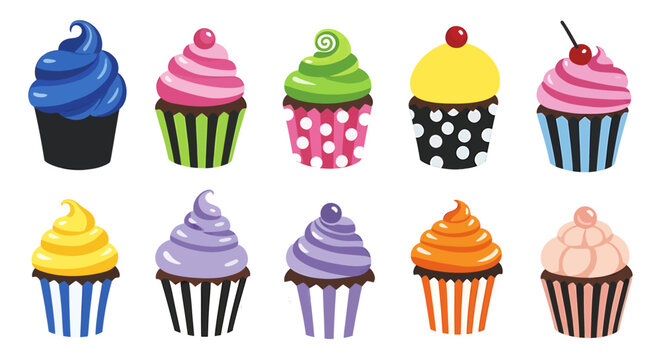 Collection of ten colorful frosted cupcakes with various toppings.