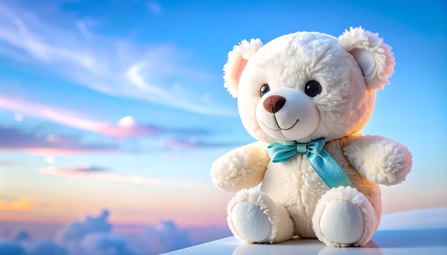 Fluffy white teddy bear with teal bow sitting against a soft pastel sunset sky with clouds, dreamy and comforting mood