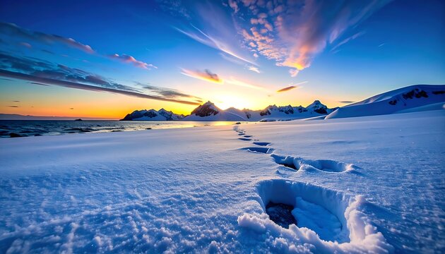 Footprints in fresh snow leading towards a stunning sunset over a frozen landscape, dramatic sky with clouds and sun rays, Antarctic scenery, adventure and exploration, natural beauty