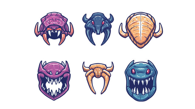Six cartoonish alien or monster head illustrations in different colors and stylizations