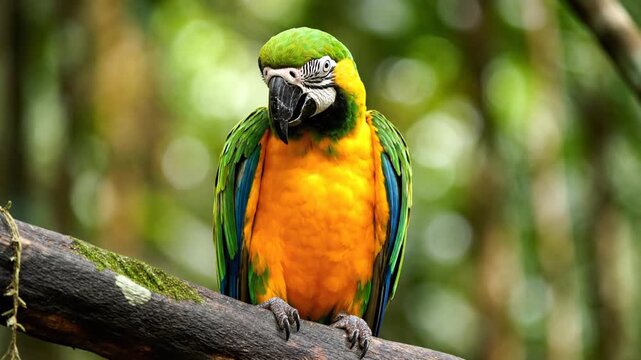 Blue And Yellow Macaw Parrot Perched On A Mossy Branch In A Tropical Rainforest Preening Its Feathers And Opening Its Beak