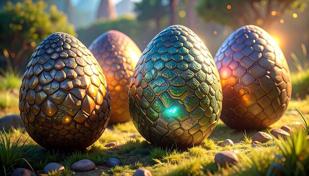 Four ornate dragon eggs with textured scales and glowing magical light, set in a fantasy forest clearing at sunrise, symbolizing mystery and potential growth