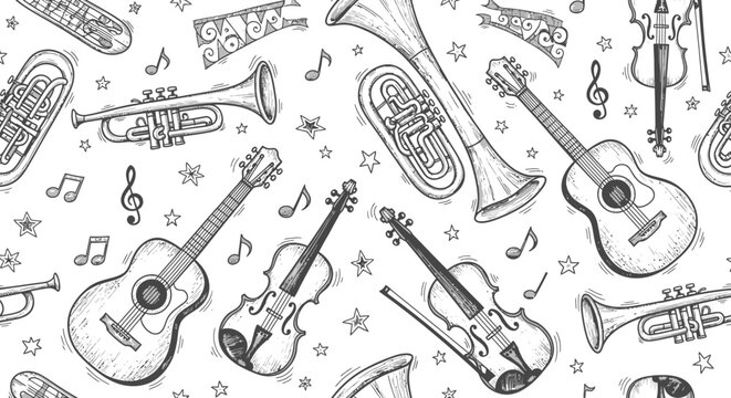 Musical Instruments Pattern Doodle Style.