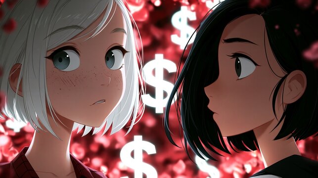 Zwei Anime-M&auml;dchen mit wei&szlig;en und schwarzen Haaren schauen sich vor einem roten Hintergrund mit Dollarzeichen an.