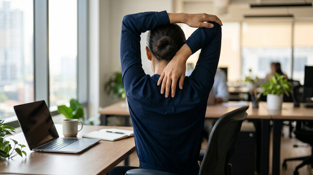 Man stretching in modern office space.