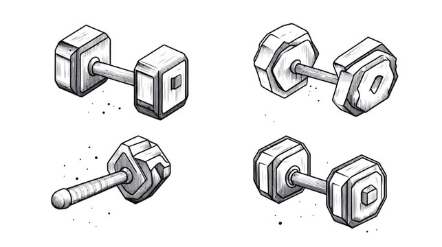 Four isometric illustrations of barbells with varying geometric shapes and monochrome shading