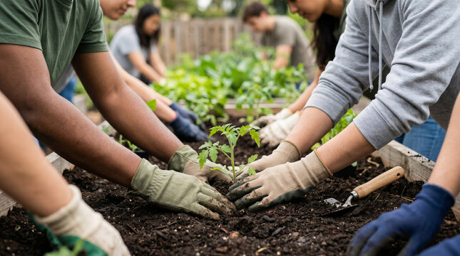 Diverse group of young volunteers planting organic vegetable seedlings in a community garden, concept of sustainable urban farming and teamwork