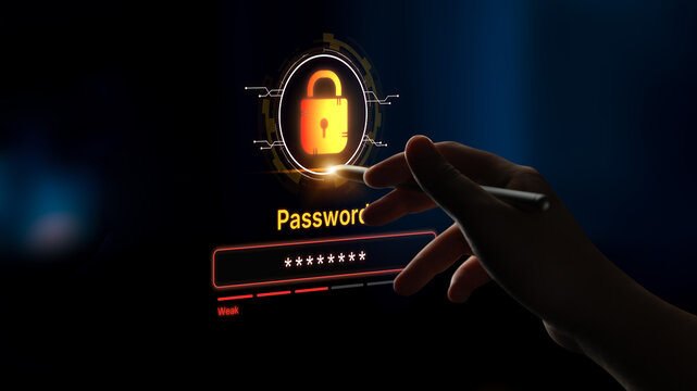 A concept of user authentication and password security. The interface shows a password strength meter, highlighting the importance of creating a strong code for account protection. Fermion