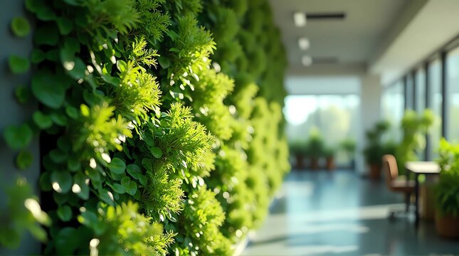 Time lapse of a lush vertical green wall thriving in a modern sunlit office space for biophilic wellness 2026