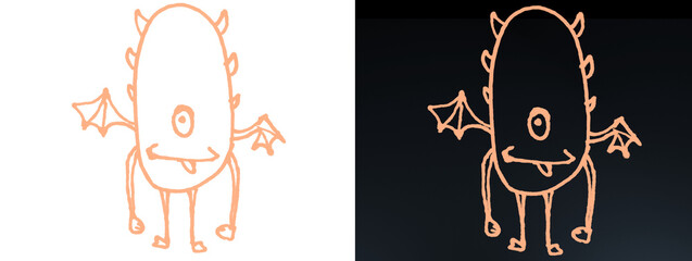 Cute Glowing Copper Monster Line Art Character Icon on White and Black © Zain