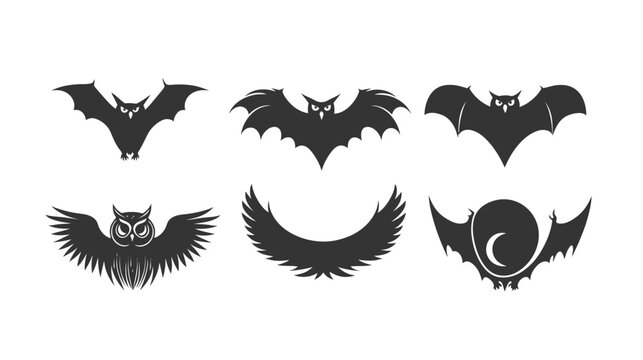 A collection of stylized black animal silhouettes including bats and an owl. They are on a white backdrop
