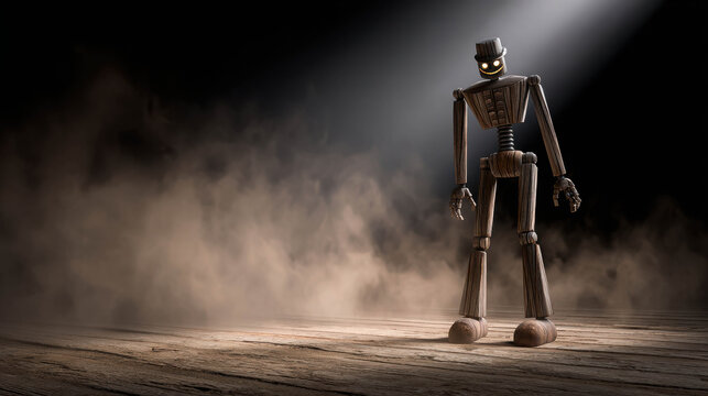 A vintage wooden robot stands in a dark, dusty setting, illuminated by a spotlight, embodying the concept of artificial intelligence and robotics