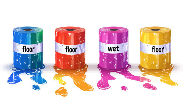 Four cylindrical objects of different colors with labels saying "floor" and "wet". A puddle of each color is at the bottom