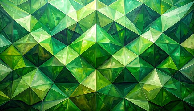 intricate geometric pattern of emerald green faceted shapes, natural light highlights facets, creating a mosaic texture with subtle sparkle, abstract background