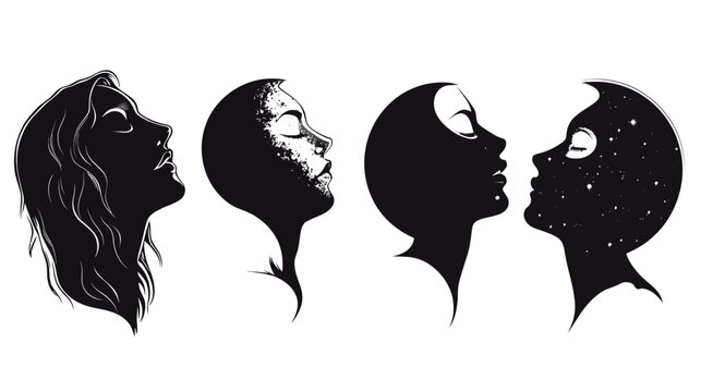 A four-part illustration of female profiles, one with hair and others morphing into cosmic representations