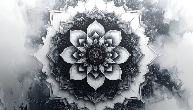 Intricate mandala pattern with geometric floral design, layered mandala, abstract digital art, monochrome mandala with fractal elements, spiritual or meditation background