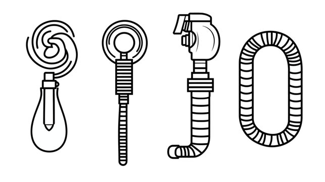 Four line-drawn abstract objects a light bulb, a wand-like object, a pipe-like structure, and a rounded rectangle